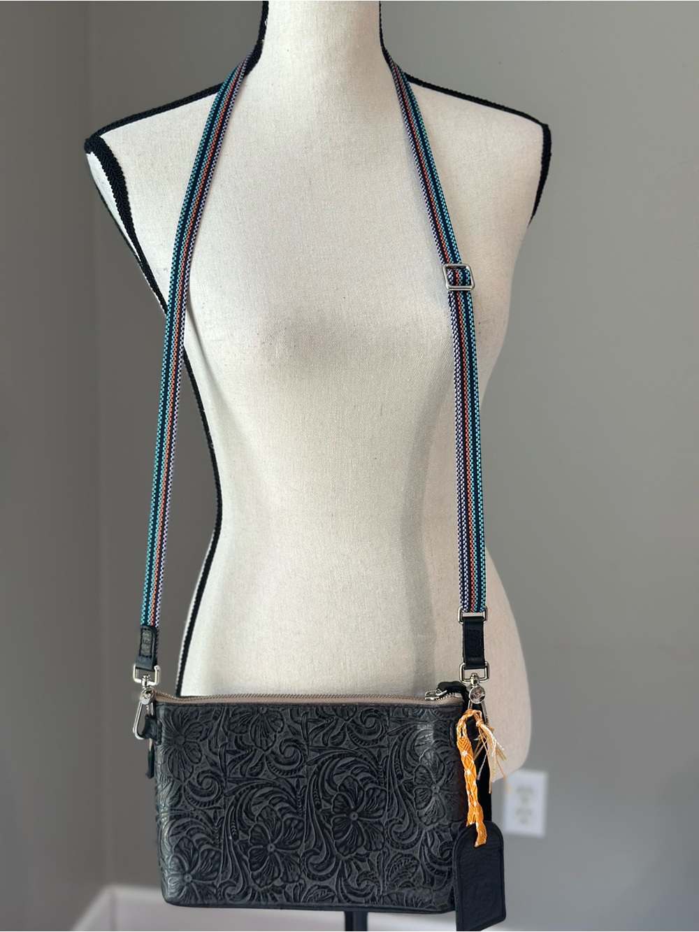 Consuela Steely Midtown Crossbody Black Tooled Leather - colorful strap